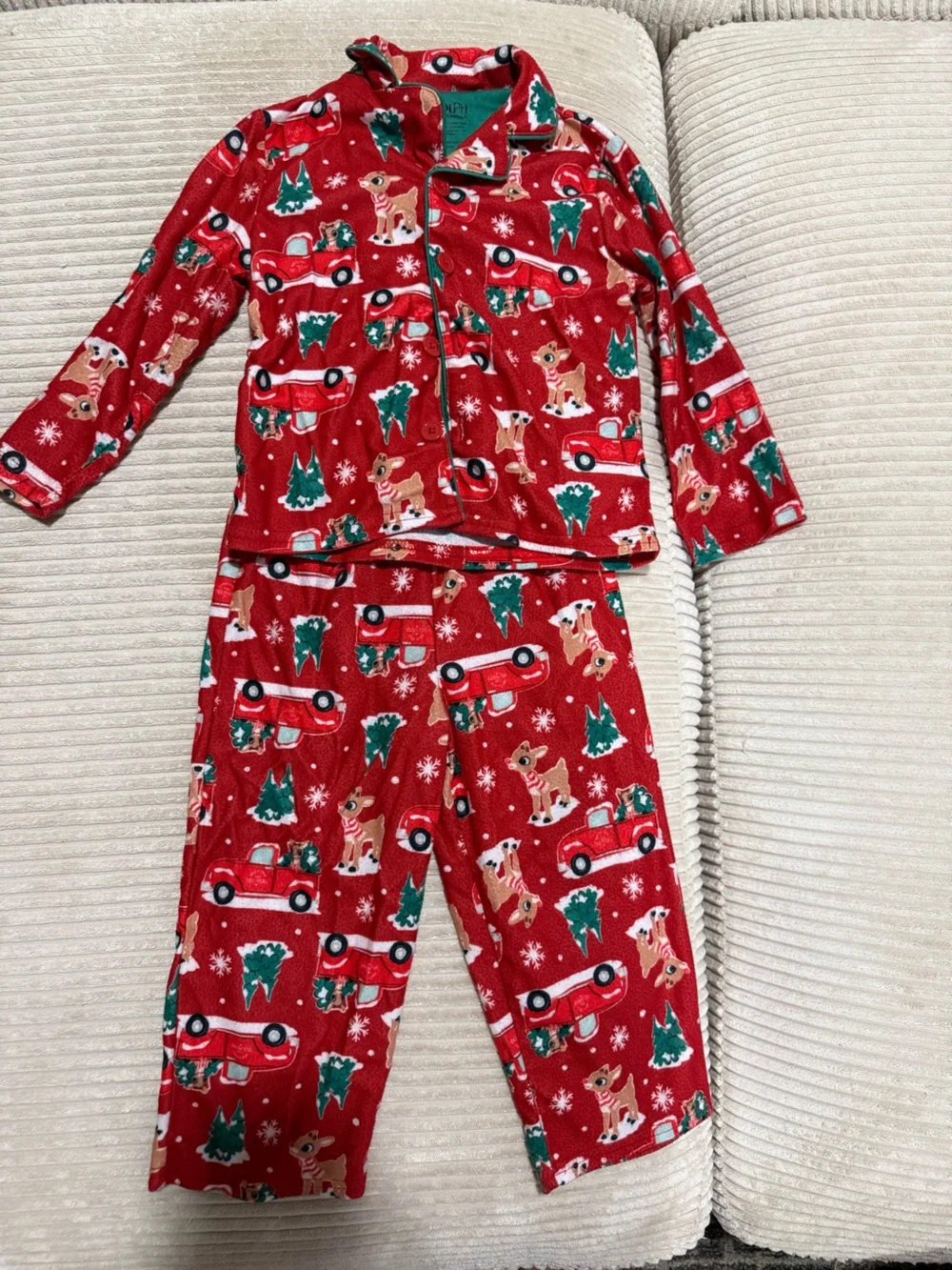 Kids Red Holiday Reindeer & Truck Fleece Pajama Set